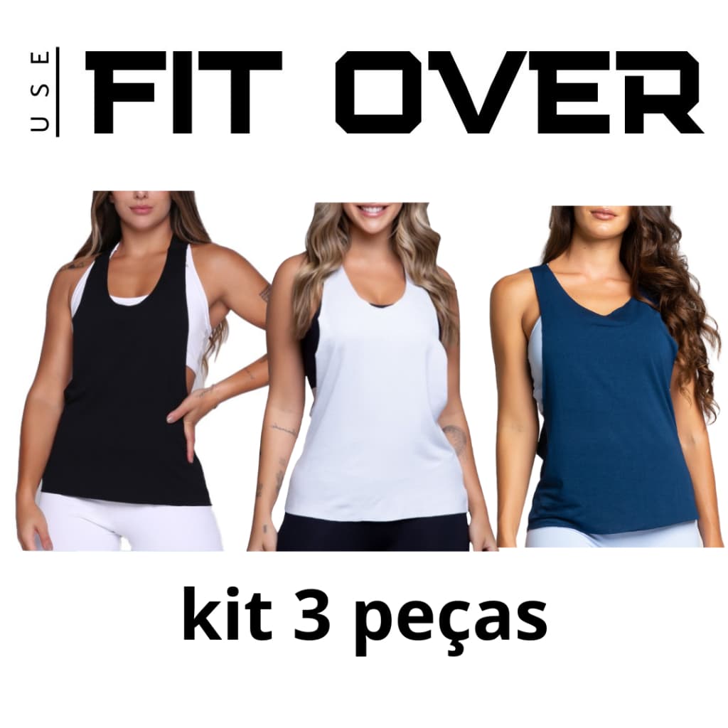 Kit 3 camisetas fitness -  cavada azul + preta + branca - academia - crossfit - fit over
