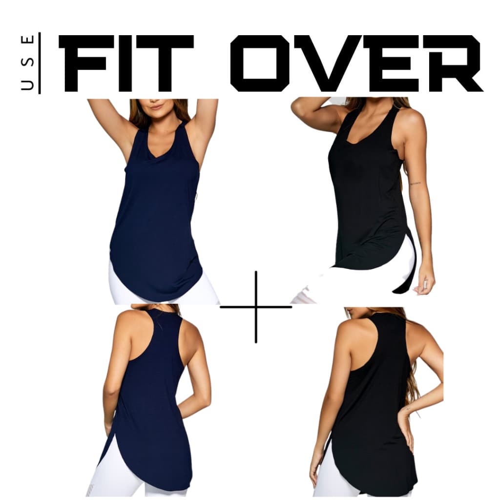 Kit 2 camisetas fitness - básica - tapa bumbum - azul + preta - academia - crossfit - fit over