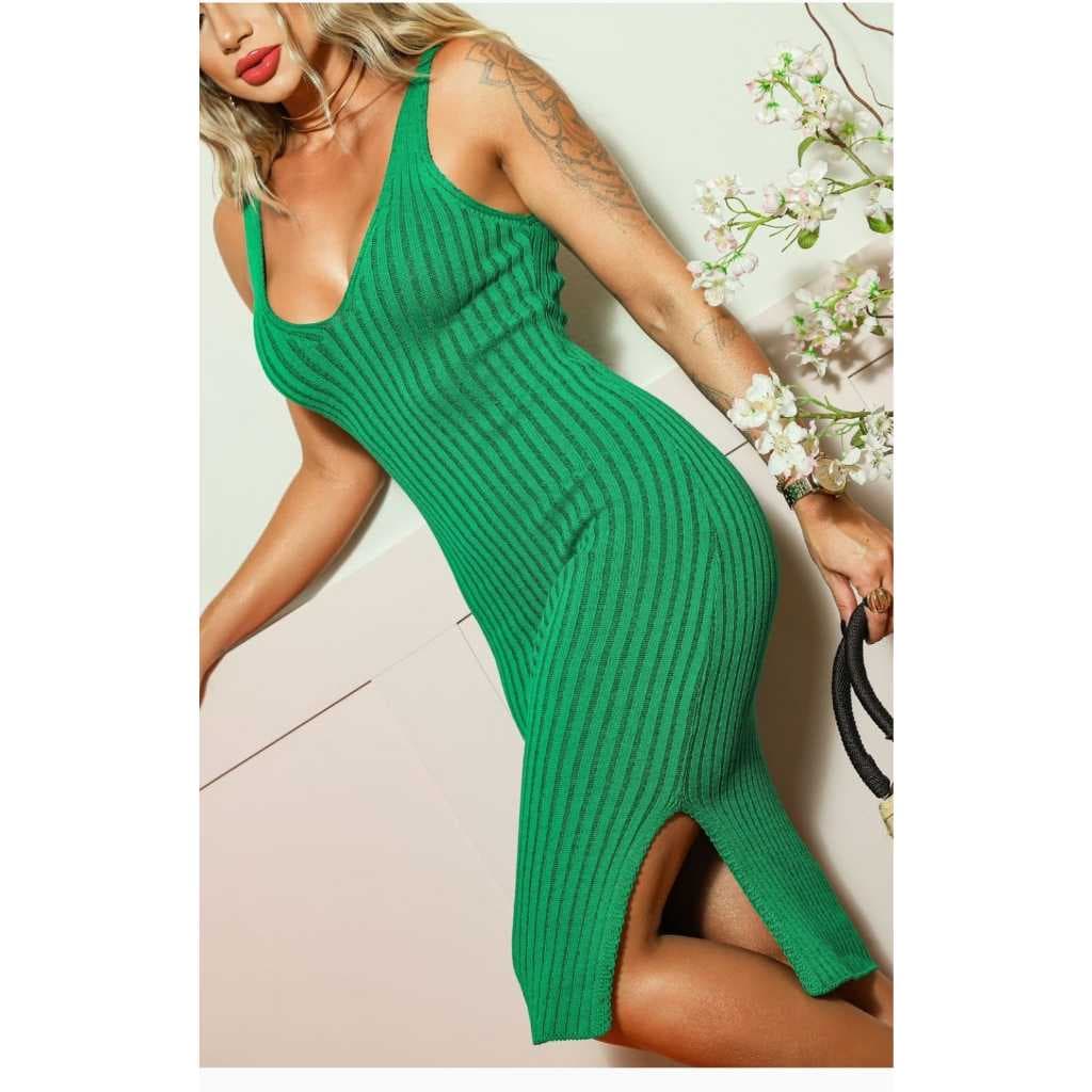 Vestido Alça Moda Tricô Elastano Canelado
