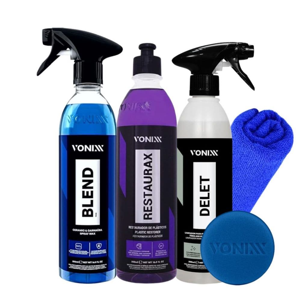 Kit Rastaurax Restaurador de Plasticos Delet Limpa Borrachas E Pneus Cera Blend Spray 500ML