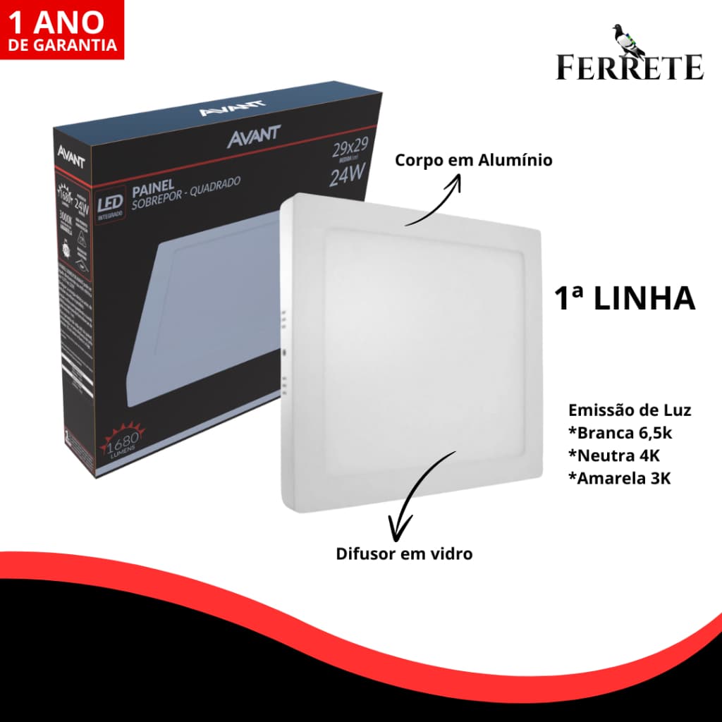Painel Plafon Led Sobrepor Quadrado 24w Avant - 1ª Linha 30x30cm