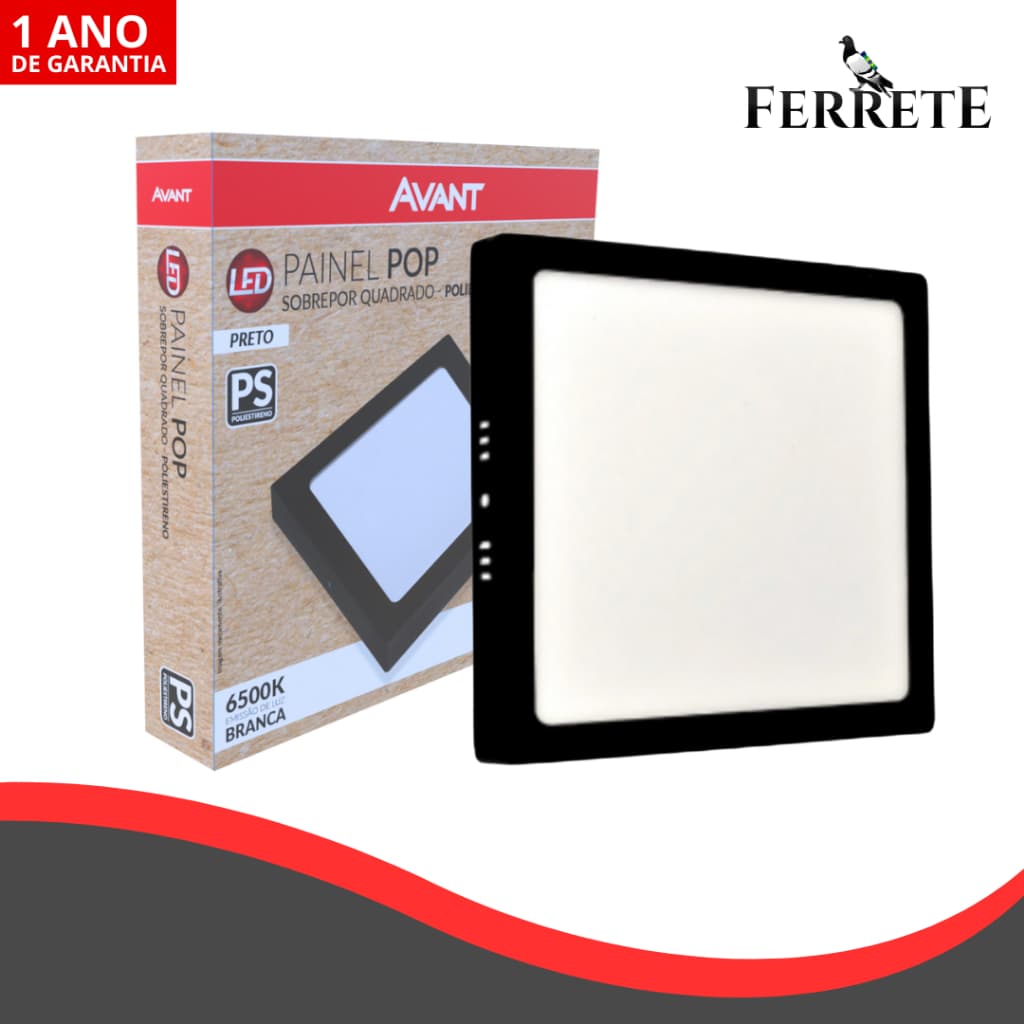 Painel Plafon Led Sobrepor Quadrado Preto 18W e 24W - Avant
