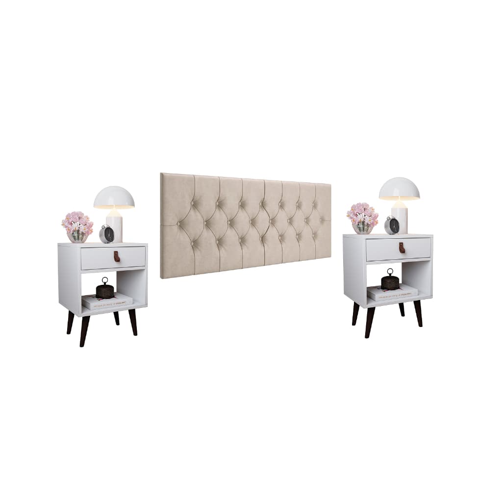 Kit Conjunto 1 Cabeceira Capitonê Cama Quenn Box 1,60 Com 2 Mesa de Cabeceira Retro Quarto