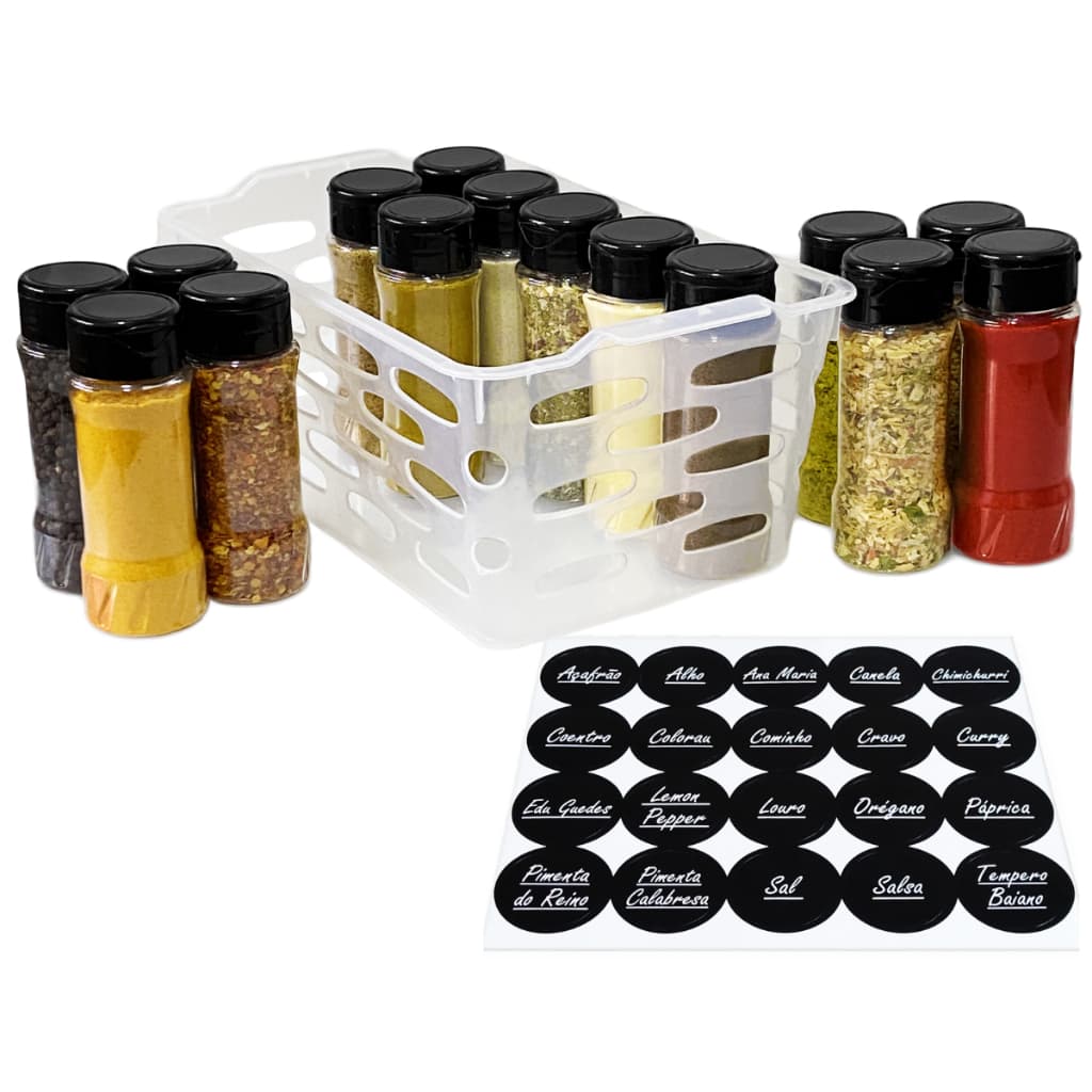 15 Potes Plástico Para Condimentos + Cesto Plástico Versátil Transparente + Etiquetas