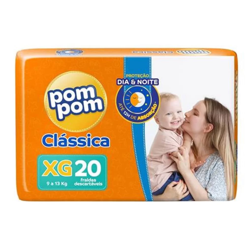 Fralda Descartável Pom Pom Clássica Jumbo Tamanho XG - Pacote com 20 Fraldas.