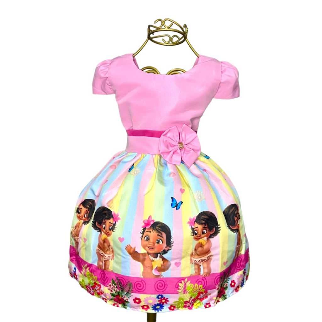 Vestido Infantil Temático MOANA Aniversários e Festas.