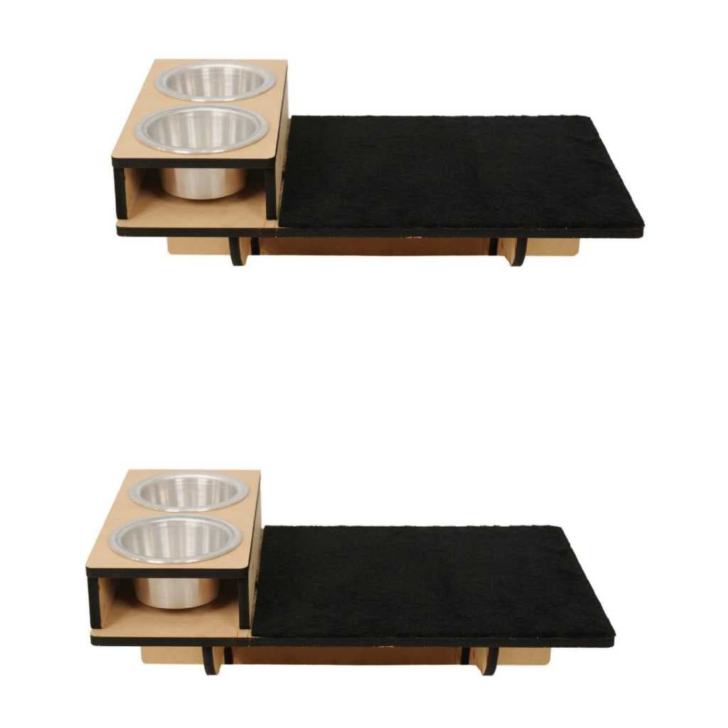 Kit com 2 Prateleiras com Comedouro duplo suspenso de parede para gatos em mdf com carpete