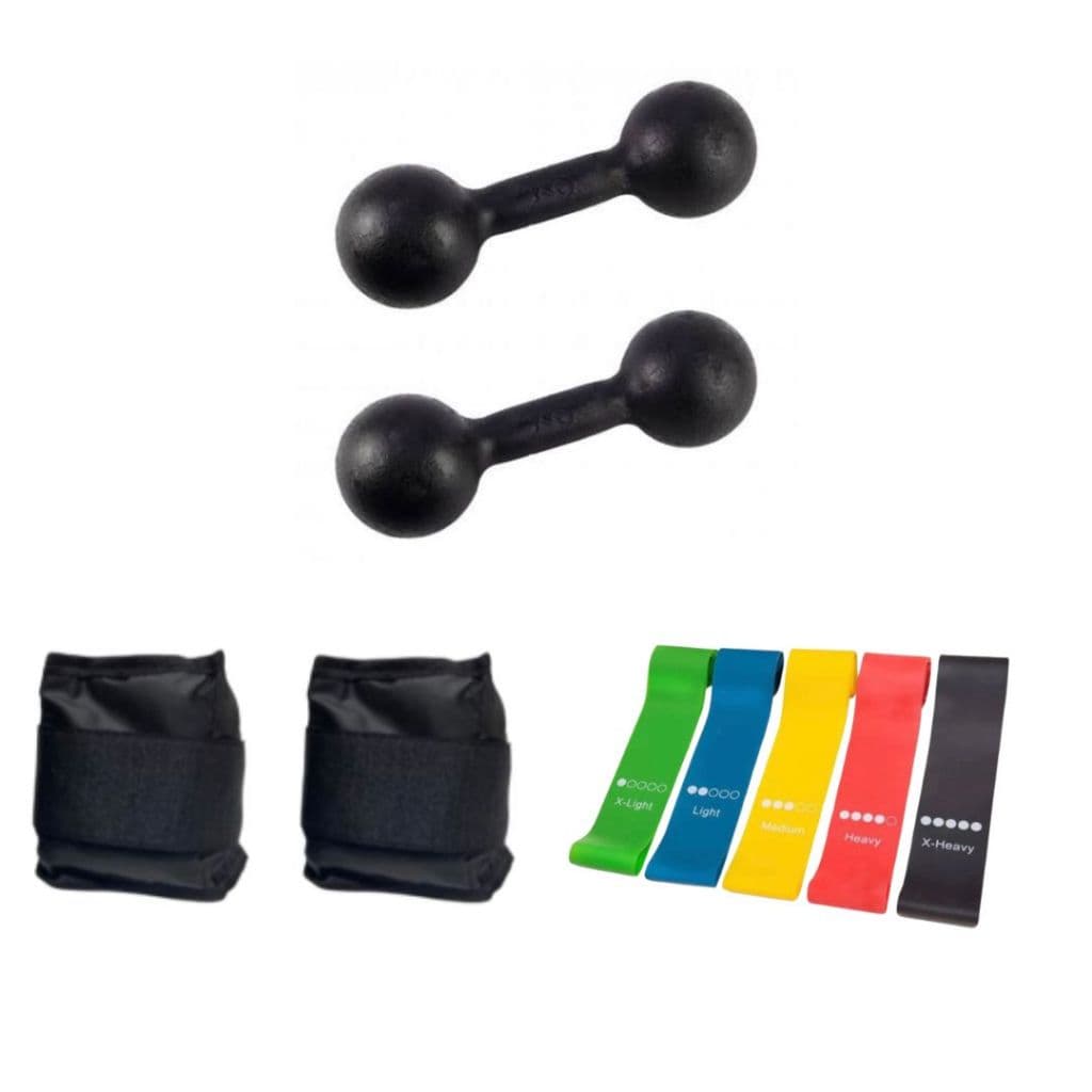 Kit Treino Academia Par Halter 1 Kg Pintado + Caneleira 1 Kg Preta + Kit Theraband 5 Elásticos