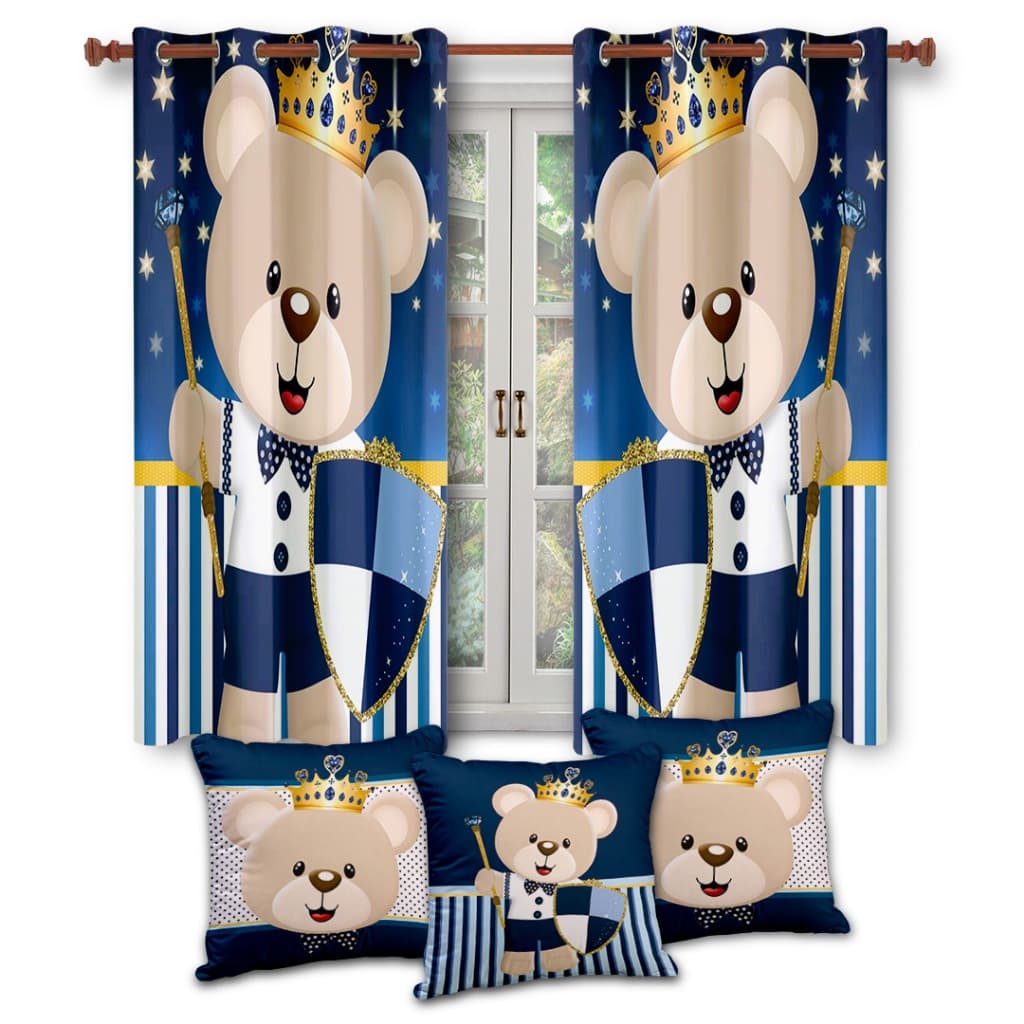 Cortina Bebe Urso Azul Avulsa e ou Kit Com Trio Capas de Almofadas Decoração Para Quarto Infantil