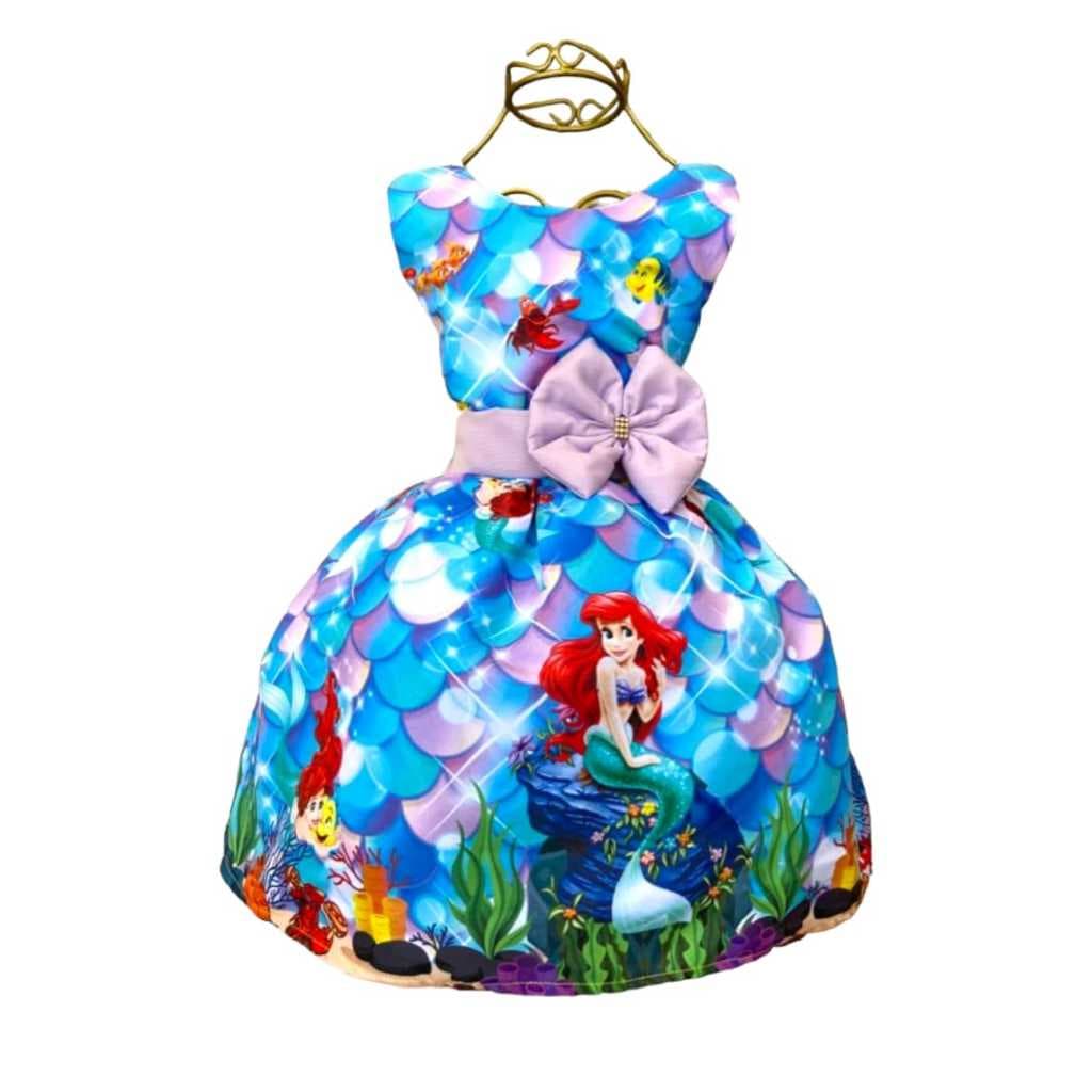Vestido Infantil Temático Ariel Aniversários e Festas.
