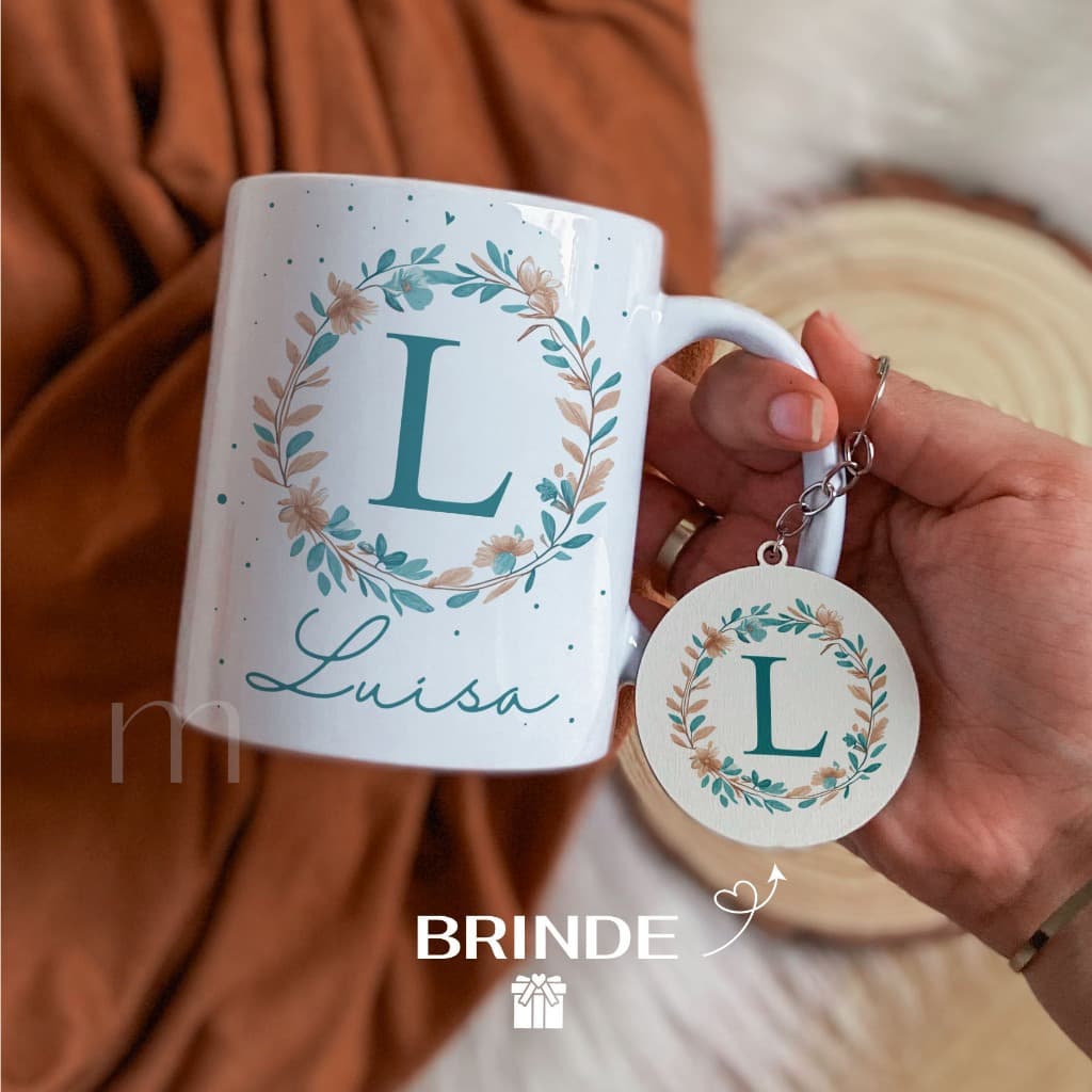 Caneca personalizada inicial +nome floral azul, presente criativo amiga, caneca e chaveiro
