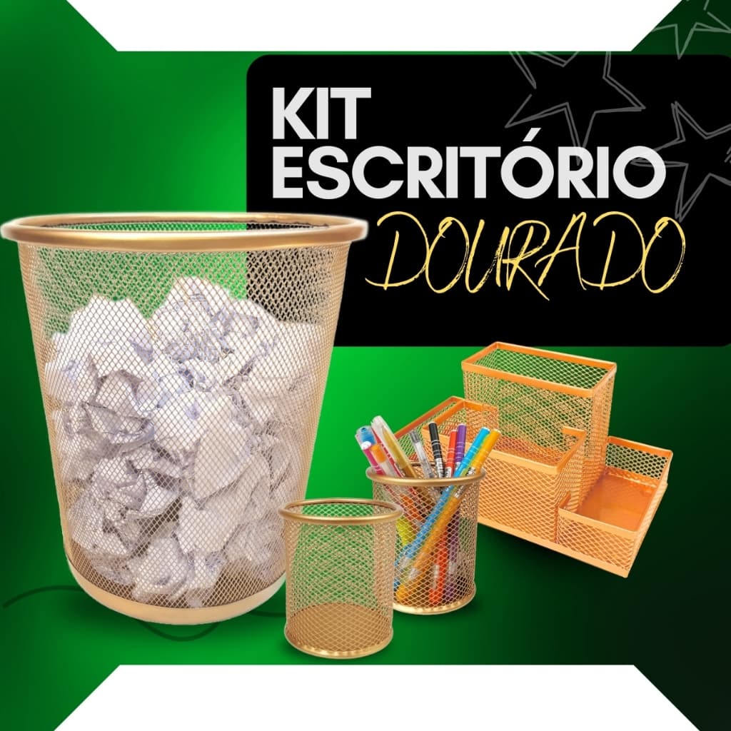 Kit Organizador, Porta Caneta e Lixeira Dourado Escritório
