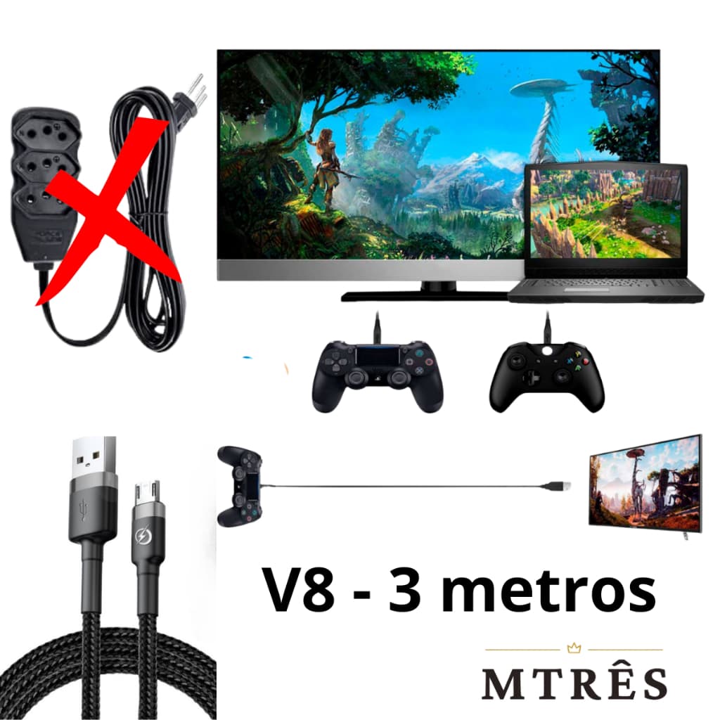 Cabo 3 Metros Game Carregador Controle de PS4 Micro USB V8