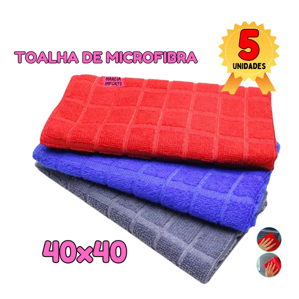 Toalha Microfibra 40x40 e 30x30 dois tamanhos 5 Unidades P Limpeza rapida Pano Microfibra