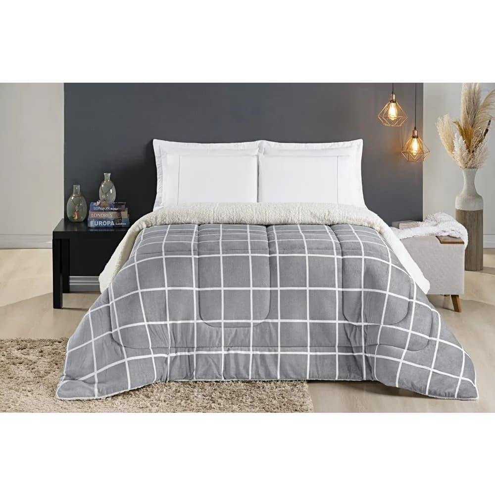 Coberdrom Austin Dupla Face Com Sherpa 1 Peça Estampa Grid Cobertor Inverno Solteiro Casal Queen e King