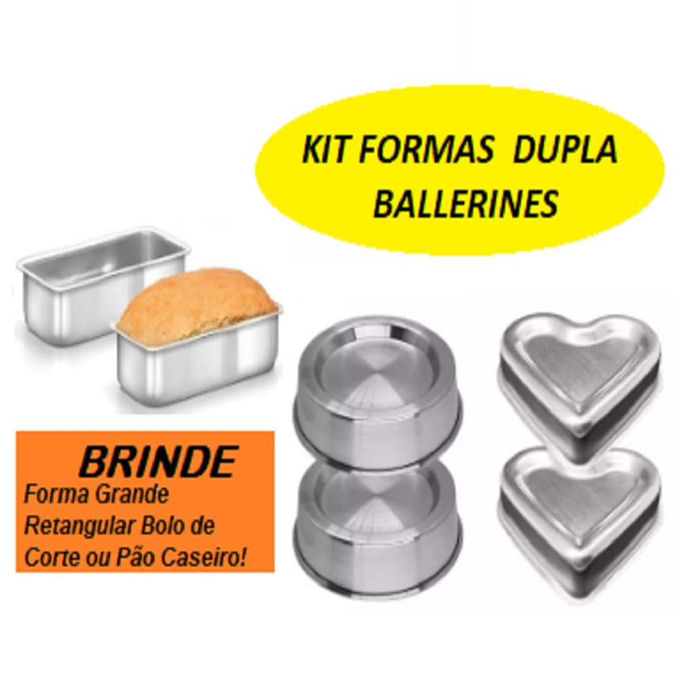 Kit 5 Formas Ballerines Confeiteira, 2 Formas Bolo Coração + 2  Formas Redonda Ballerines + 1  Forma de Pão
