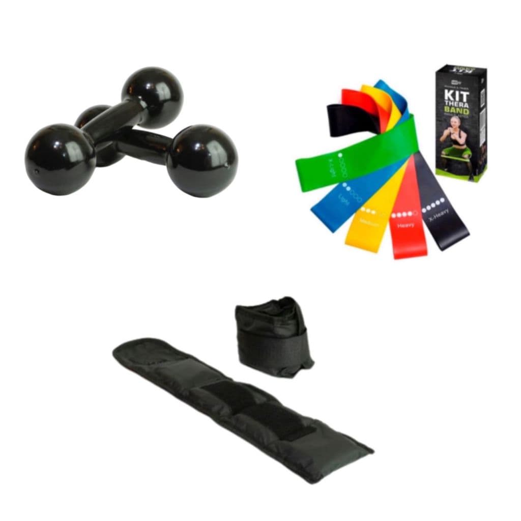 Kit Treino Par Peso Academia Halter 1kg + Caneleira 1kg + Kit Theraband 5 Tensões