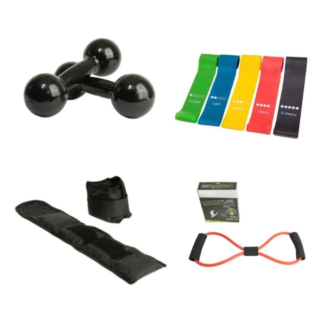 Kit Fisioterapia Par Halter 1 Kg + Par Caneleira 1 Kg + Elástico Multifuncional + Kit 5 Theraband
