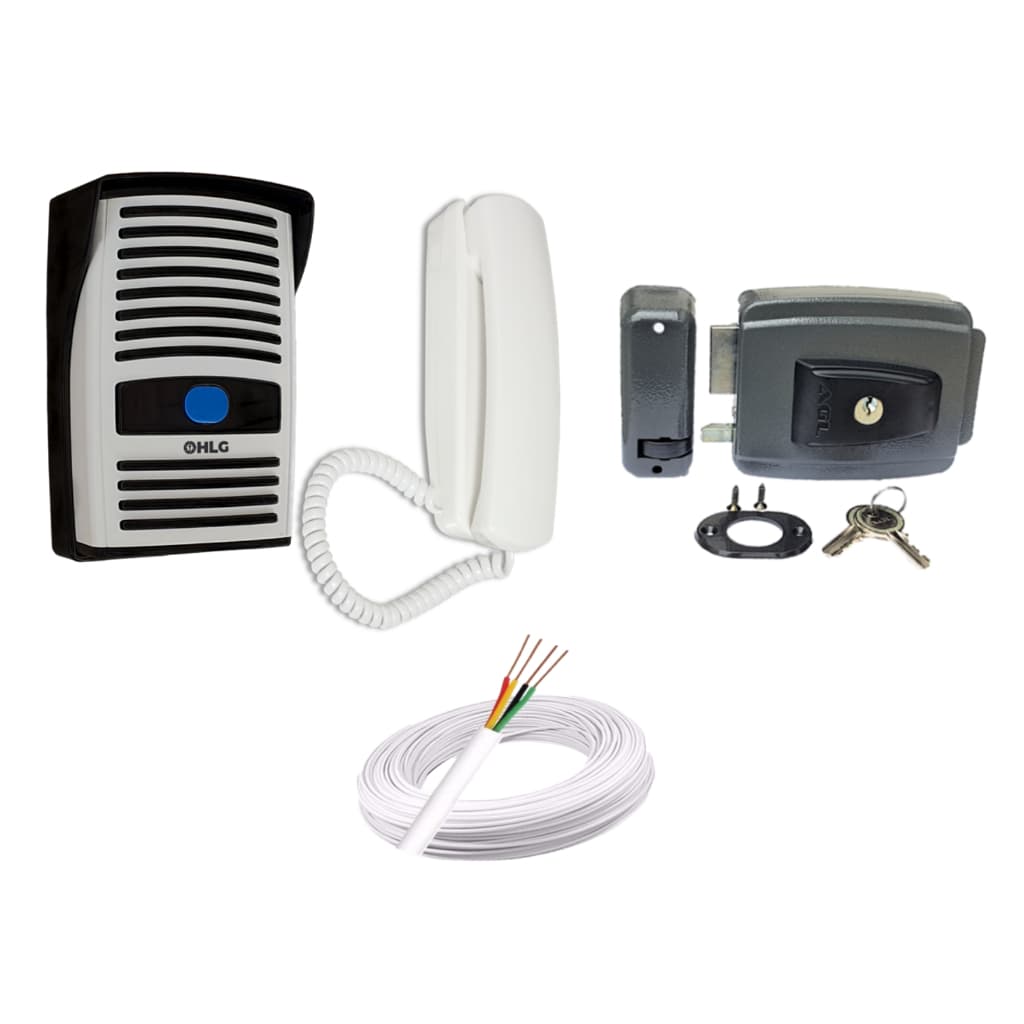 Kit Interfone Residencial Porteiro Eletrônico + 1 Fechadura 12V AGL (AGlinha) + 25 metros de cabo