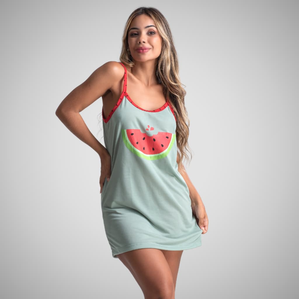 Camisola Alcinha Pijama Feminino Estampada Fresquinho Malha Vestido Confortável Curto Roupa de Dormir Adulto 324