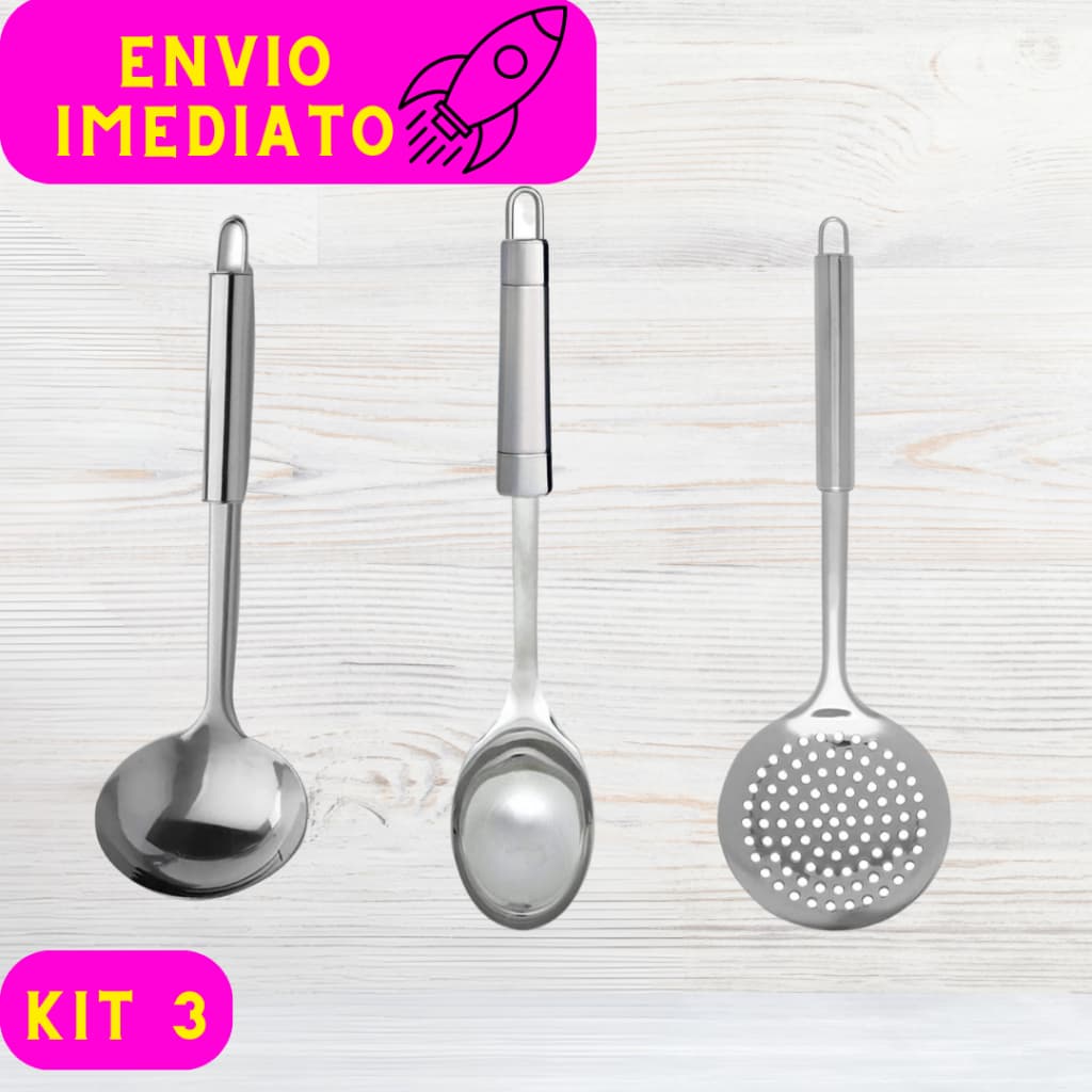 Kit Cozinha Utensílios 3 Peças 100% Aço Inox Colher Escumadeira Concha