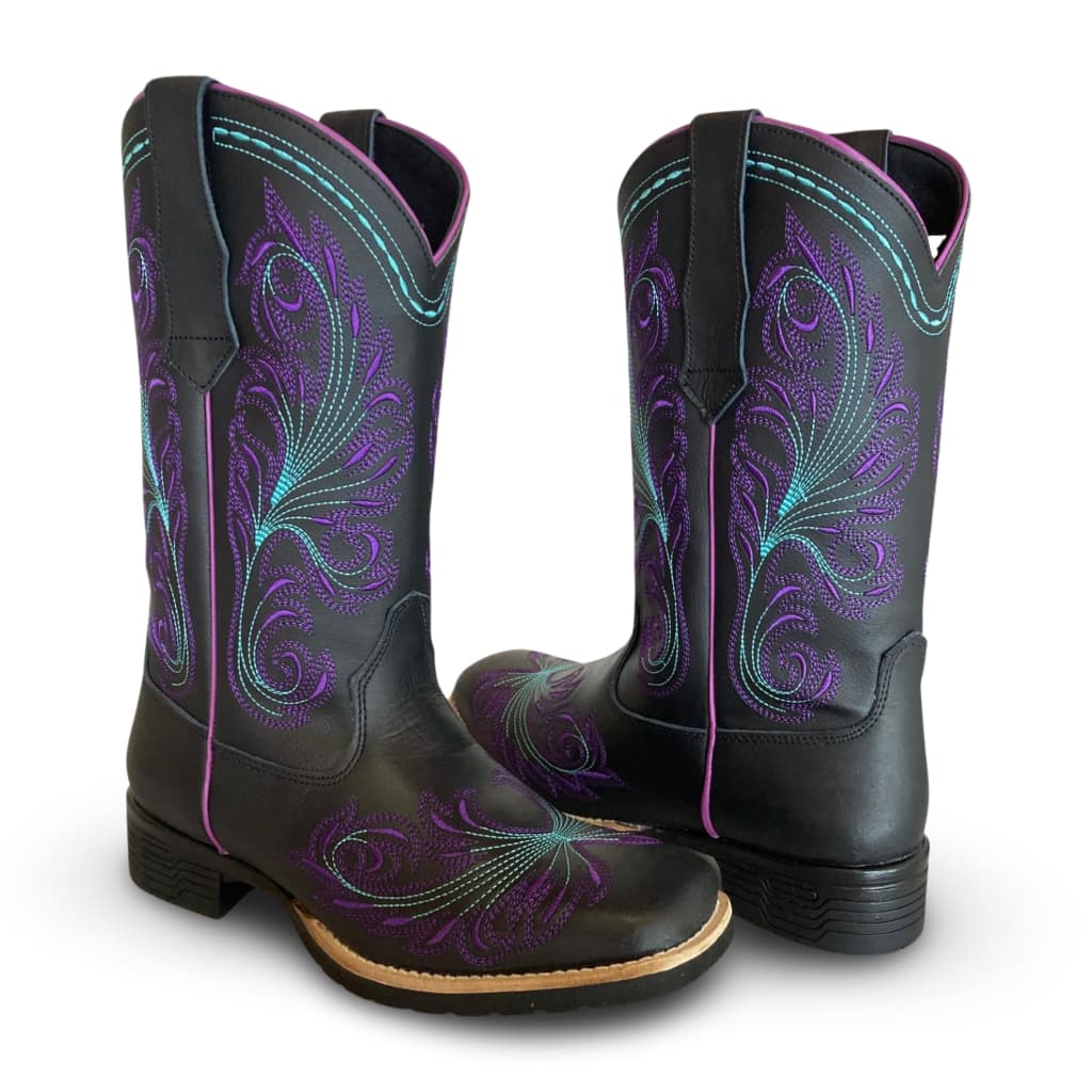 Bota Feminina Texana Preto e Roxo Country Lançamento