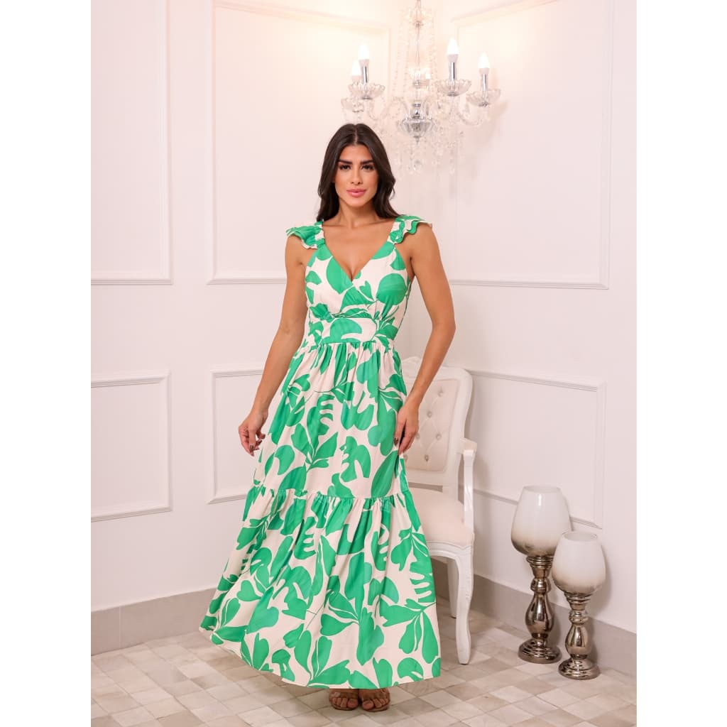 Vestido longo estampado de alça babados gola V com fenda lateral e elasticidade 6826