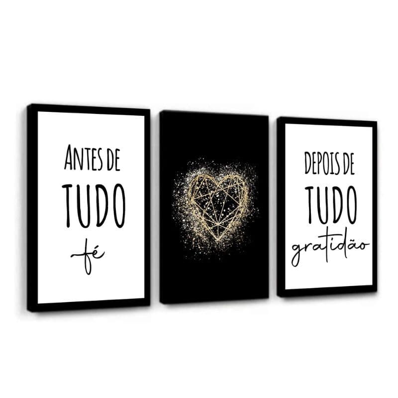 Kit Quadros Decorativos Mosaico 3 Peças Trio Frase Antes de Tudo Fé Gratidão Coração
