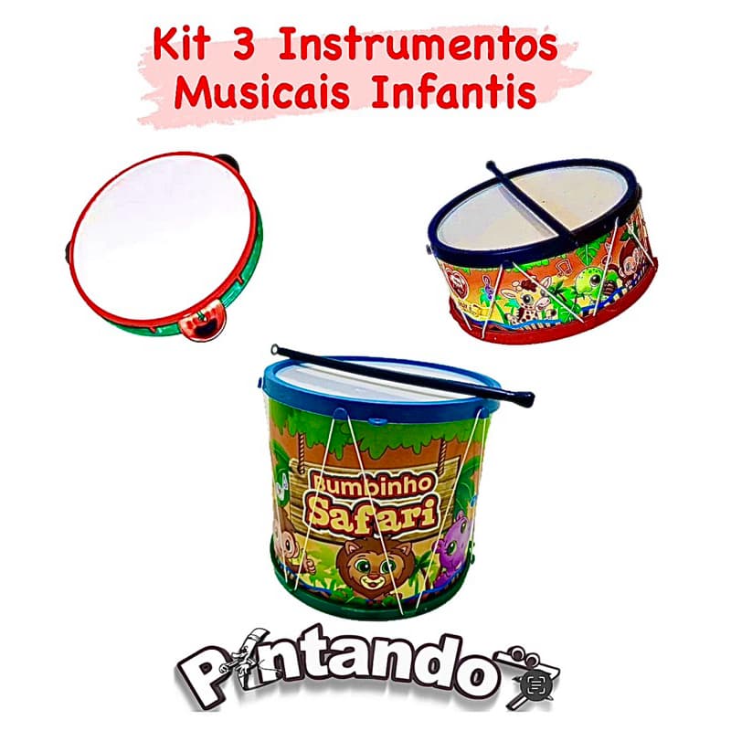 Kit 3 Brinquedos Musicais Pandeiro, Bumbinho e Tamborzinho Brinqueso Infantil