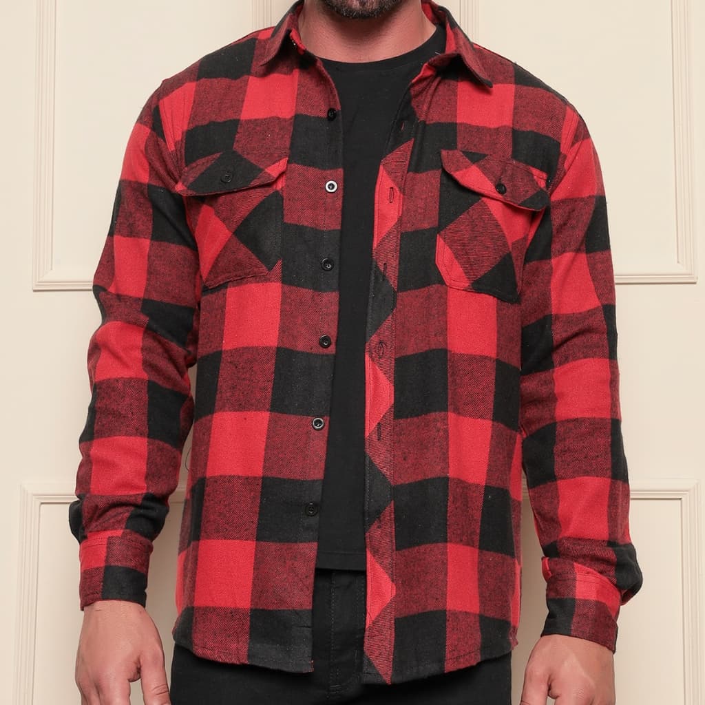 R&S Camisa social flanela xadrez masculina adulto cowboy importar bolsos importados em ambos os lados
