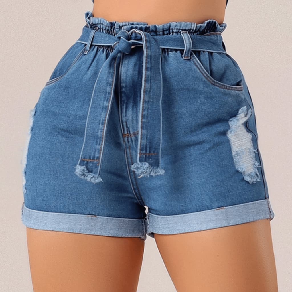 Short Jeans Clochard Com Elastico Cos Cintura Alta Short Jeans Feminino Levanta BumBum Com Cinto Premium
