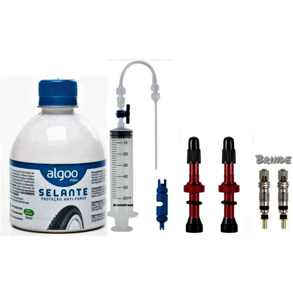 Kit Tubeless Selante Algoo 300ml  + Bicos Válvulas + Seringa Injetora de Selante Bicicleta Mtb Bike