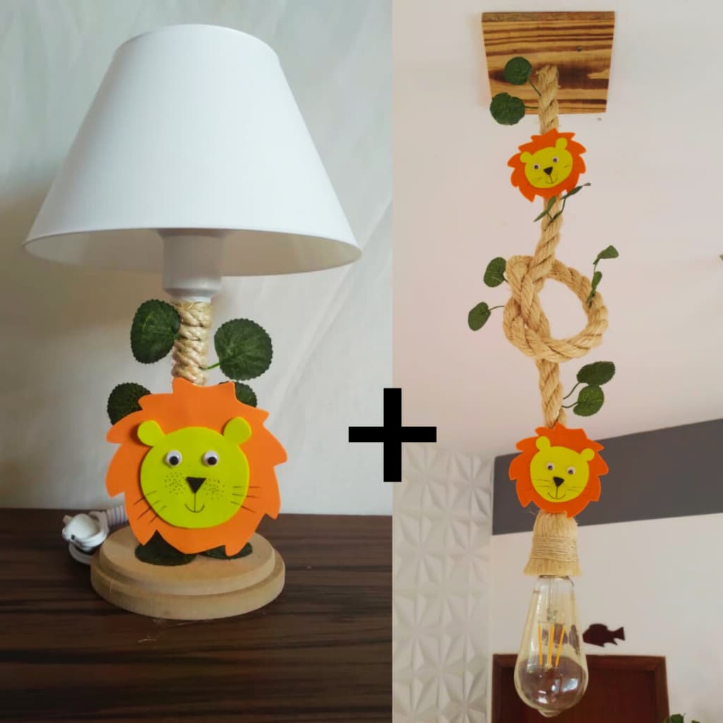 KIT ABAJUR+LUSTRE TEMA SAFARI LEÃO QUARTO INFANTIL DECORAÇÃO BEBE ENXOVAL LUMINARIA