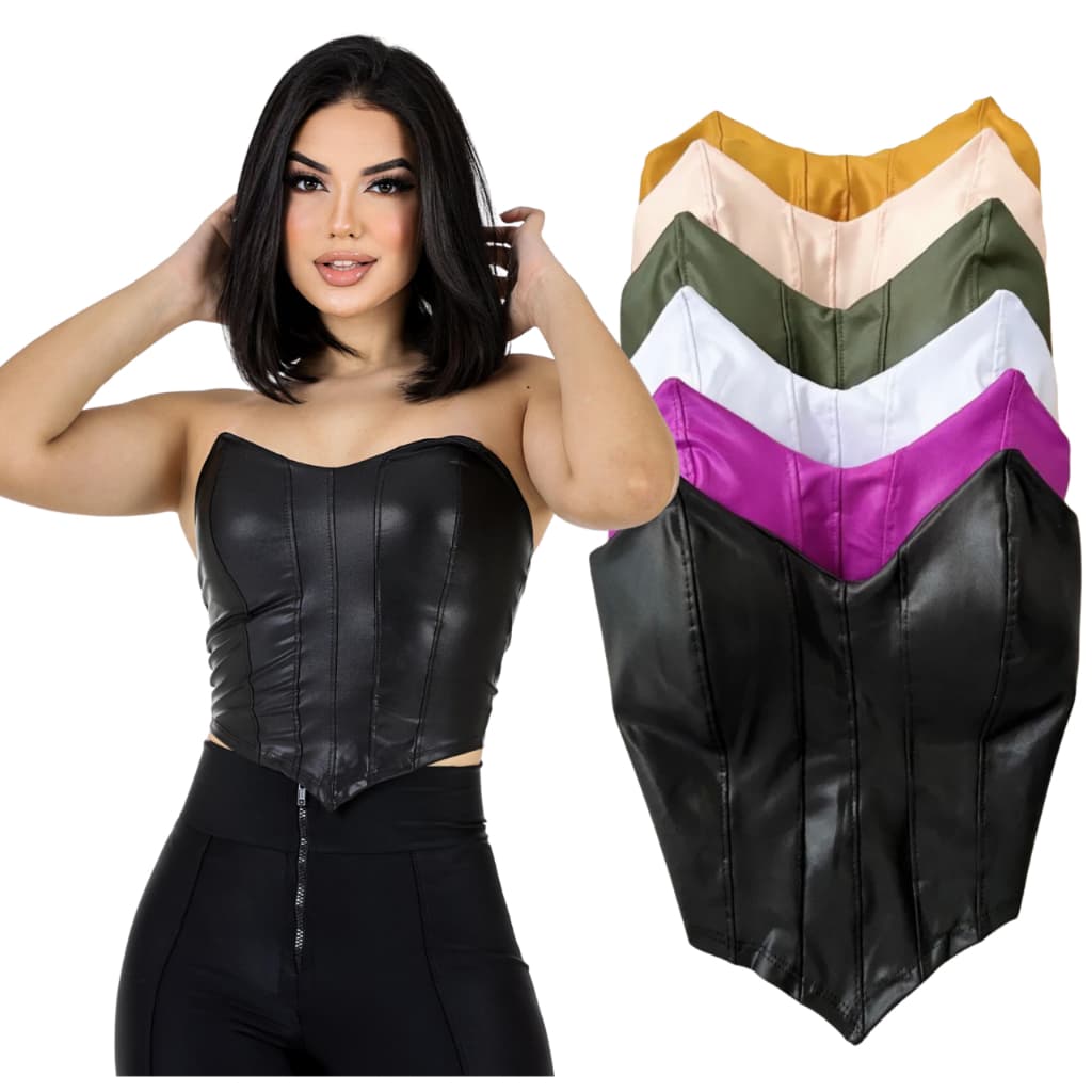 KIT - Cropped Top Morcego Courino Couro Fake Corselet Tomara Que Caia Corset Com Bojo