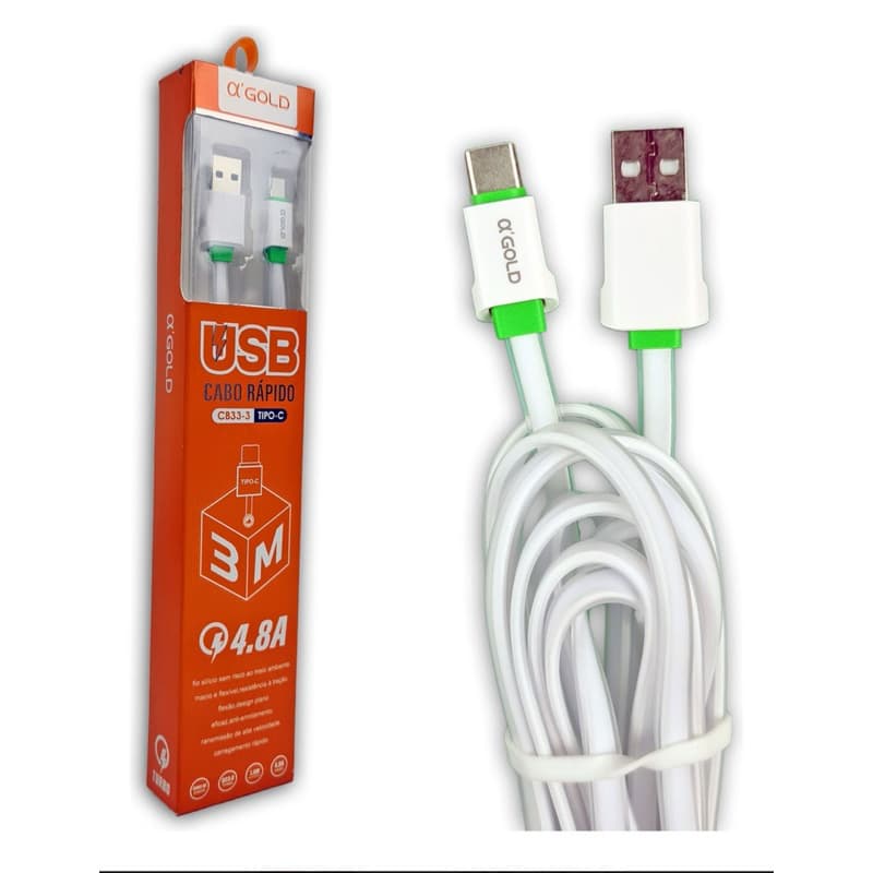 Cabo Usb Tipo C Turbo De 2 Metros Reforçado Dados E Carregar