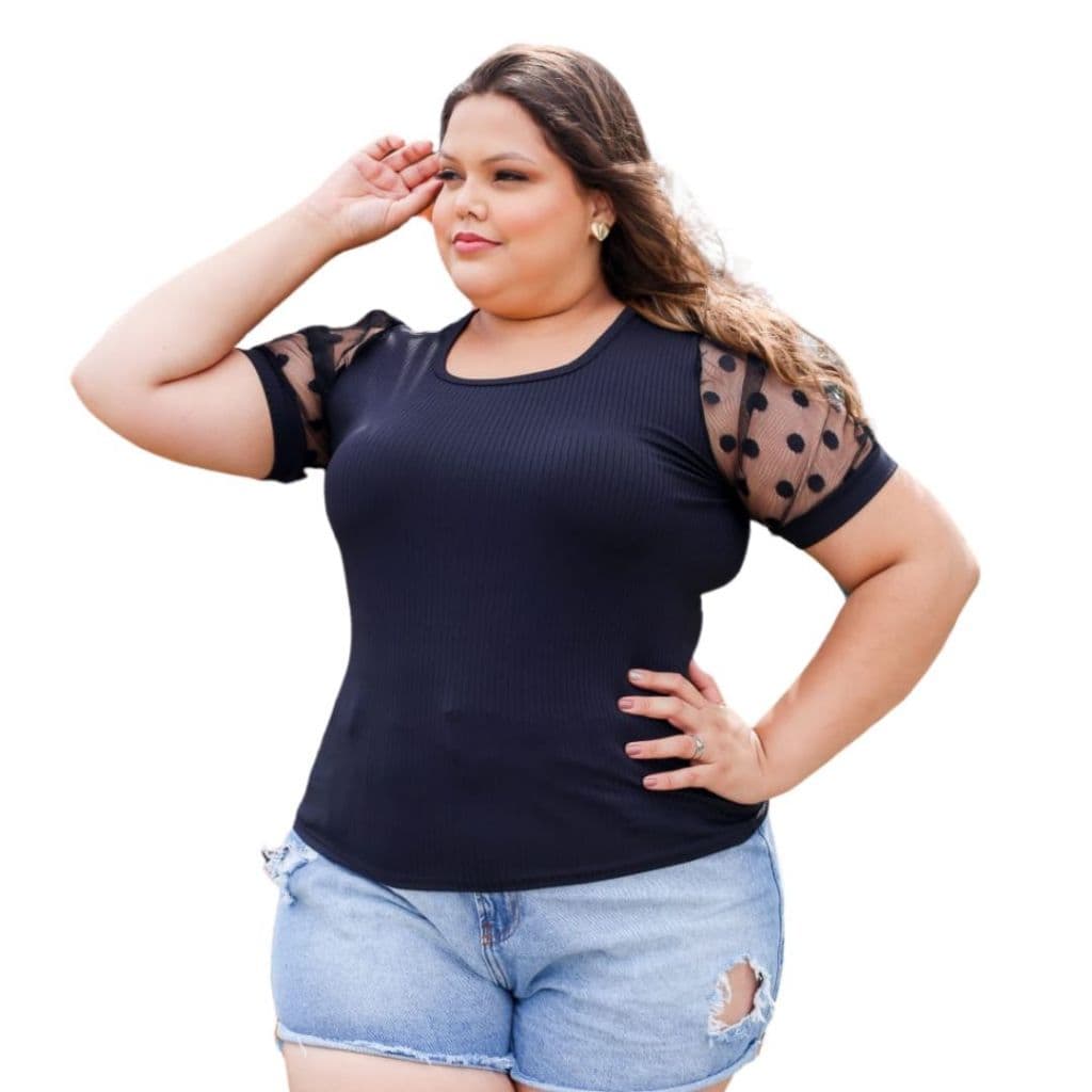 Blusa Plus Size Barata Blusinha Canelada Manga Princesa Tule Poá Bufante Moda Evangélica