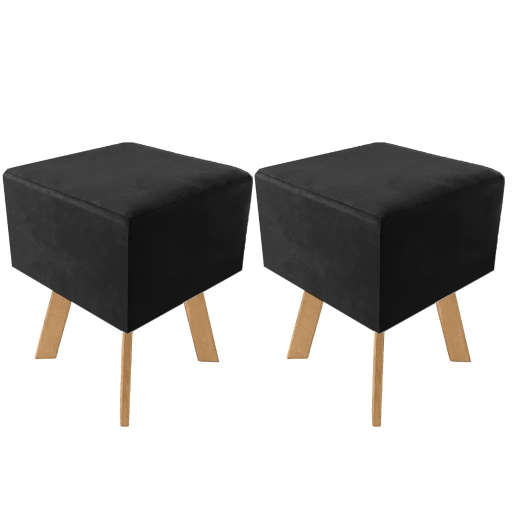 2 Banquetas Puff Retrô Em Madeira Pinus - Preto