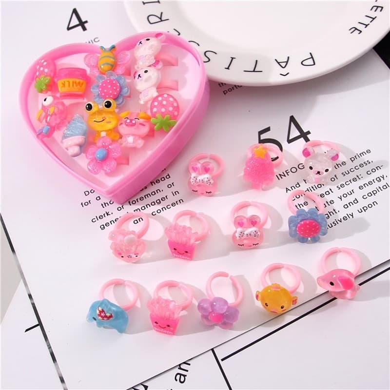 Kit 12 Anel Colorido Infantil Criança Menina de Plástico Ajustável Com Estojo de Coração