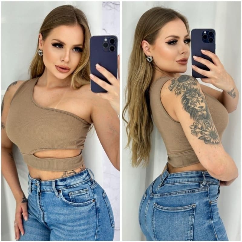 Cropped Feminino Ombro único cintura vazada Bege