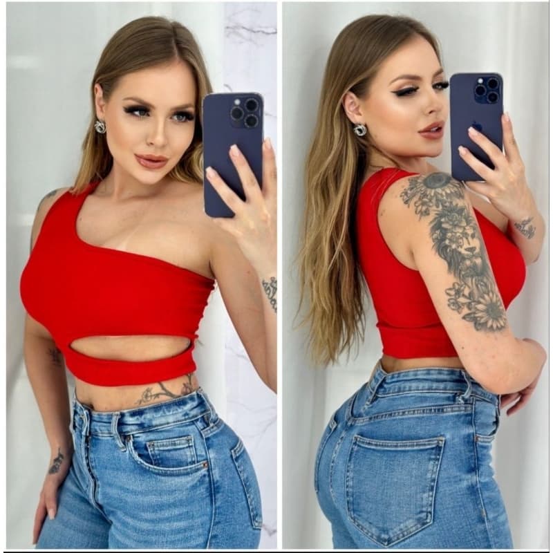 Cropped Feminino Ombro único cintura vazada vermelho
