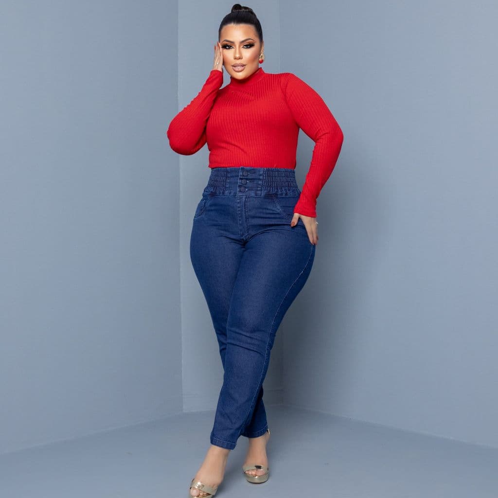 calça jeans plus size feminina skinny cintura alta elástico modeladora com lycra premium