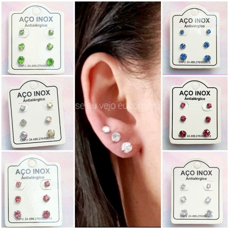 Cartela Brincos Strass trio Aço Inox Cirúrgico 3 pares pedra antialérgico redondo brinco colorido azul cristal rosa