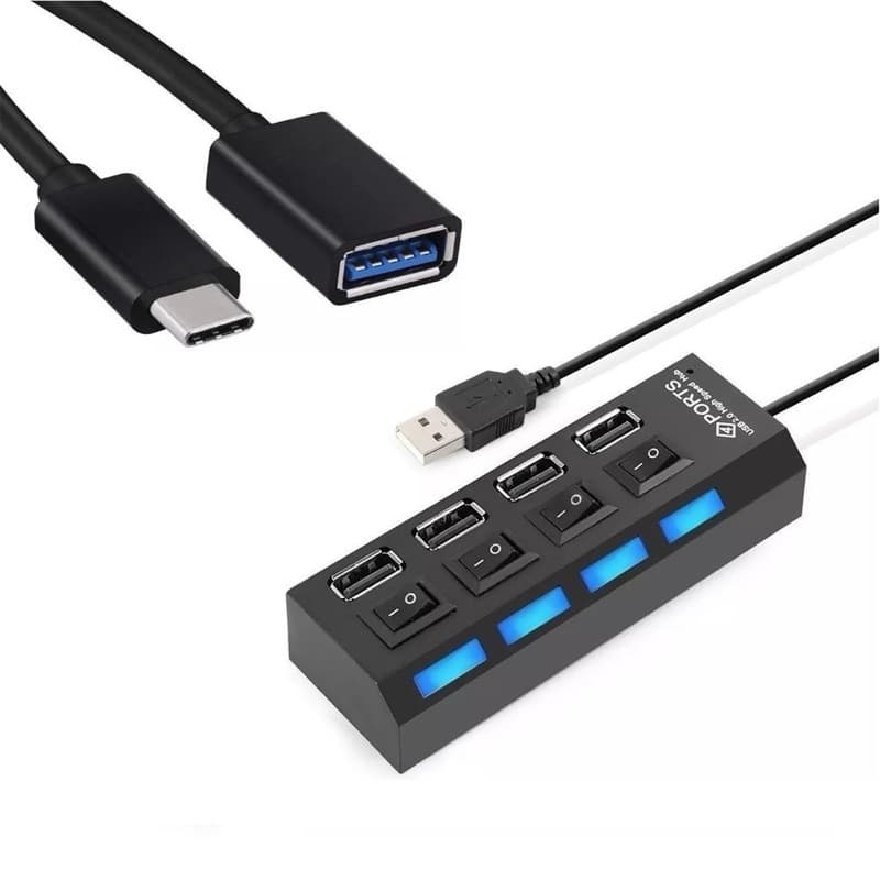 Hub + Otg Usb C Adaptadora 4 Portas Hub / Tico C Pen Drive Teclado Mouse