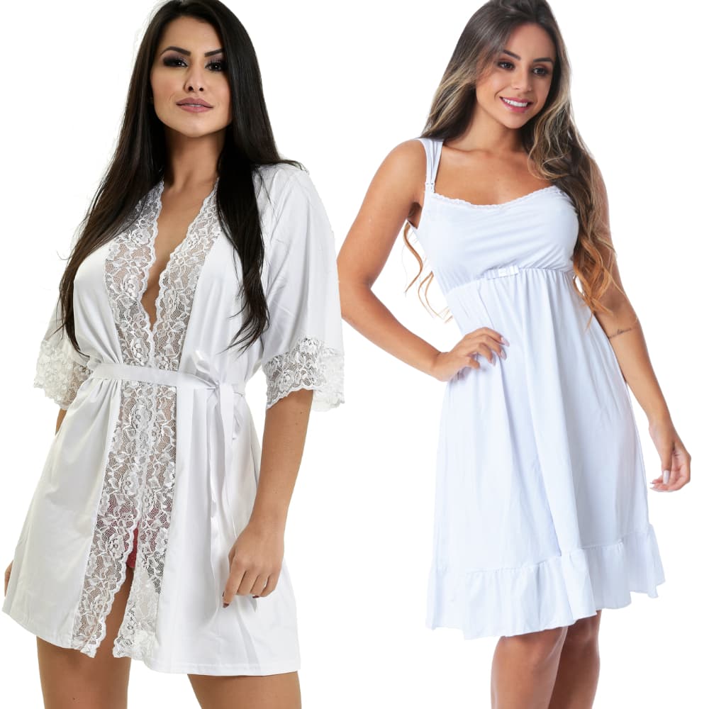 Kit Amamentação Camisola Com Robe Luxo Gestante Abertura