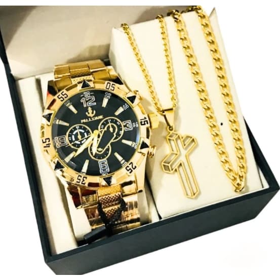 Relogio Masculino Aço Inox Banhado a Ouro + Pulseira Prata Dourada + Corrente Pingente Cruz Brilhante
