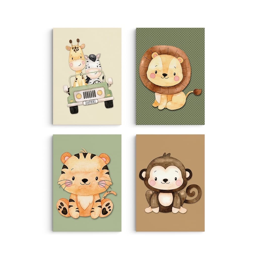 Kit Quadros Decorativos Mosaico 4 Peças Safari Infantil Girafa Zebra Leão Tigre Macaco Bebê Desenho
