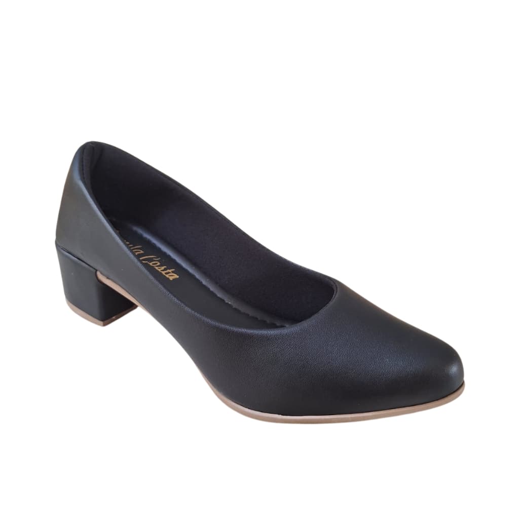 Sapato Social Feminino Scarpin Salto Médio Alto Bloco Bico Fino Confortável Confort  Preto/Nude/Off/Cafe/AzulMa  ref.040