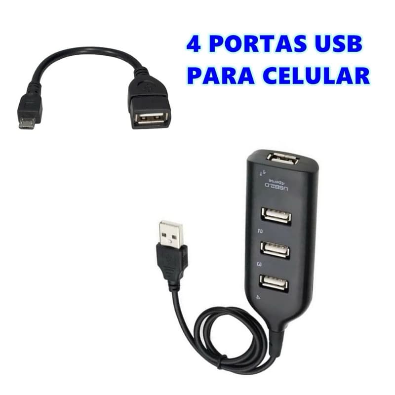 Hub 4 Portas Usb Com Fio De 1 Metro Mobilador + Otg Micro Usb V8 Mobilador Celular Teclado Mouse Pen Drive