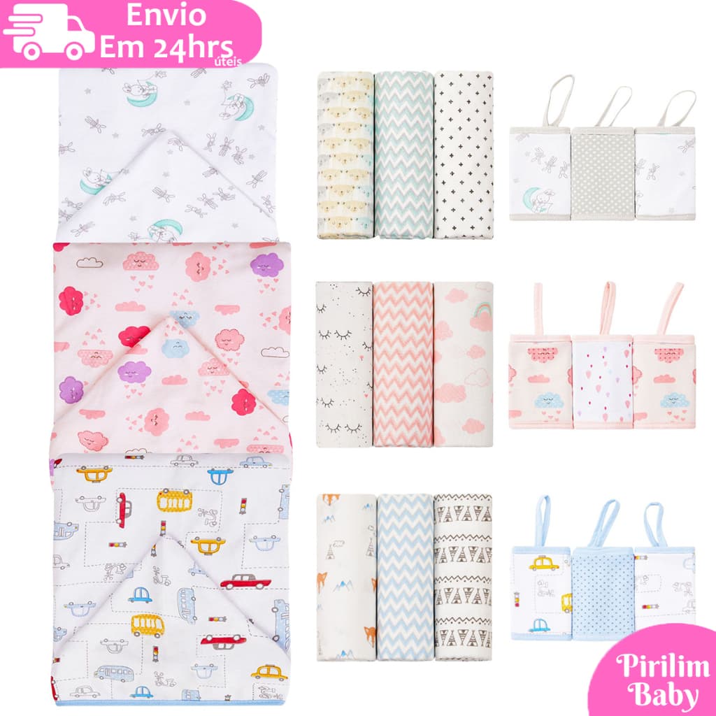 Kit 7 peças Enxoval de Bebe - Toalha de Banho Bebe Toalhinha de boca Cueiro Flanelado