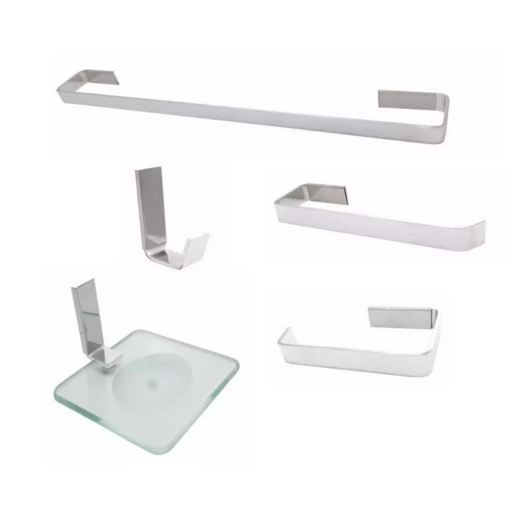 KIT ACESSÓRIOS BANHEIRO PAREDE SEMI LUXO POLIDO 5 PEÇAS COM SABONETEIRA VIDRO INCOLOR 8mm